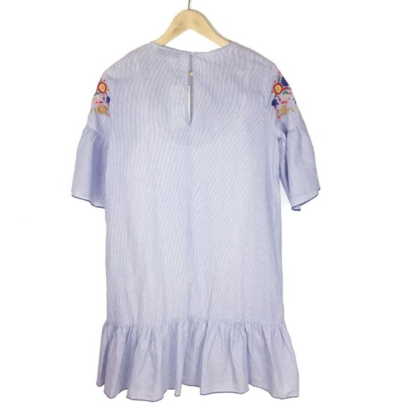 ZARA Blue & White Striped Floral Embroidered Dress - Picture 10 of 14